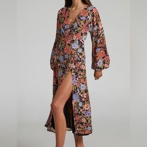 HENNY MIDI DRESS - LONG SLEEVE SPLIT DRESS IN DUSK FLORAL Brand SHOWPO
